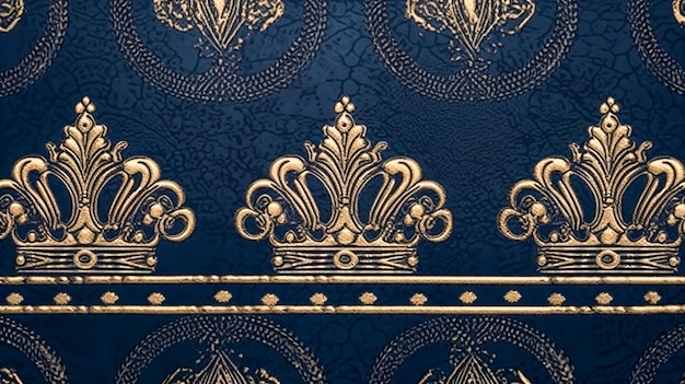 Pattern of golden crowns on a blue background generative ai