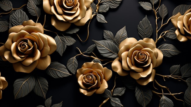 A pattern of golden roses on a black background