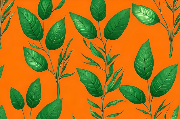 A pattern of green leaves with the word " on it " on an orange background.