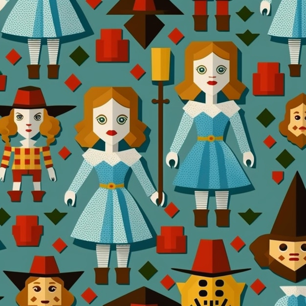 A pattern of a group of characters including a witch and a witch.