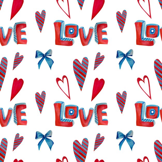 A pattern of hearts and the words love Watercolor illustration Love Heart valentine's day