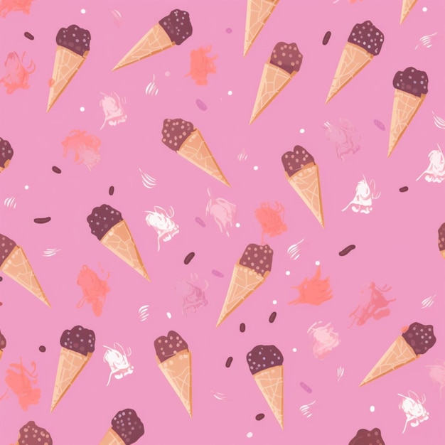 A pattern of ice cream cones with different flavors on a pink background.