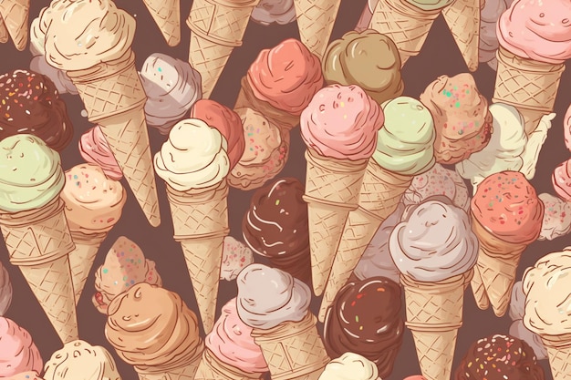 A pattern of ice creams with different flavors on them.