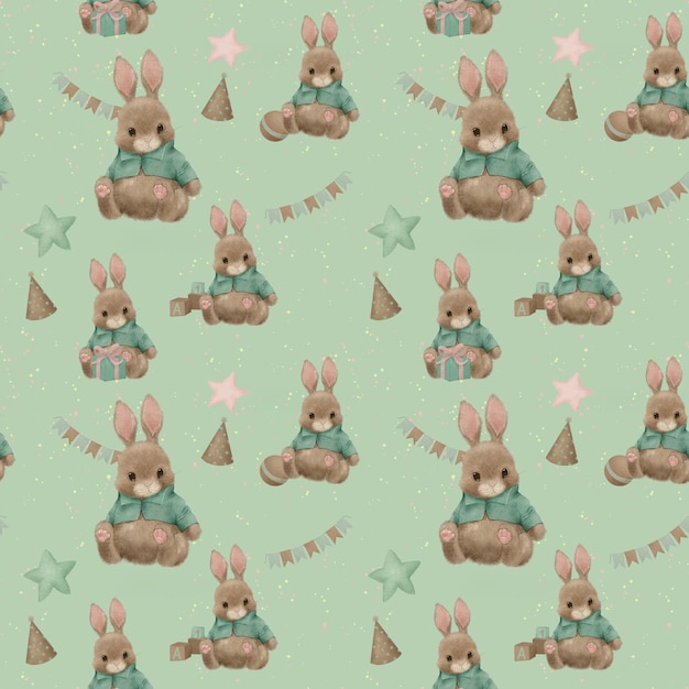 Pattern kids birthday bunny, nursery poster, gift firtst\
birthday, woodland bunny