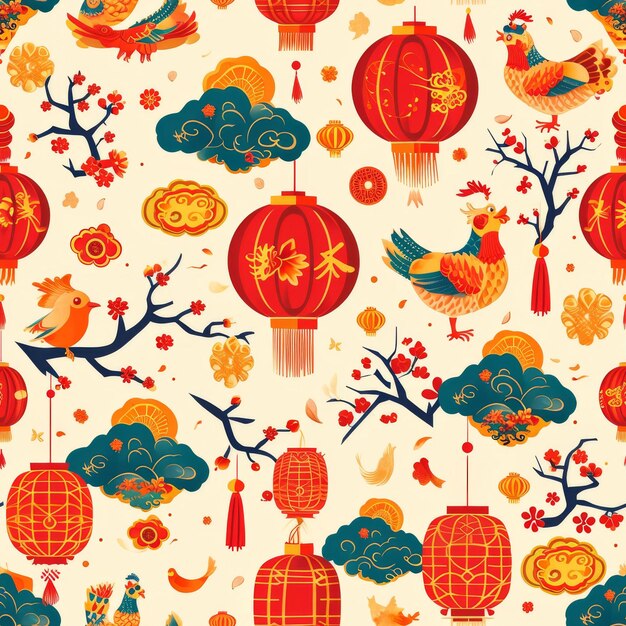 Pattern of Lanterns and Birds on White Background