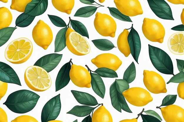 A pattern of lemons and leaves on a white background generative ai