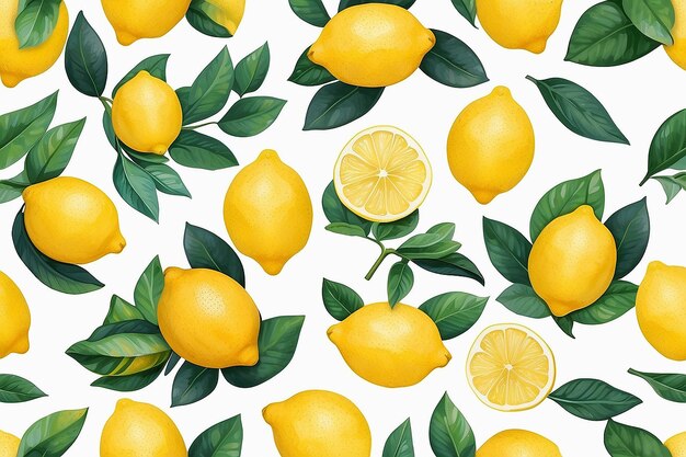 A pattern of lemons and leaves on a white background generative ai