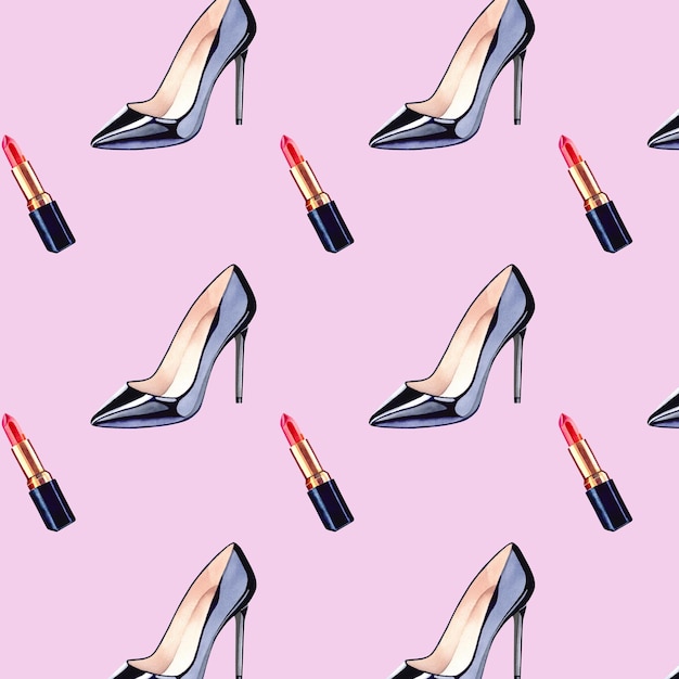 A pattern of lipstick and highheeled shoes watercolor illustration Beauty and fashion Women's style