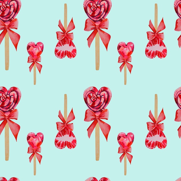 A pattern of lollipops in the form of hearts on a blue background Red lollipops with bows Watercolor illustration valentine's day