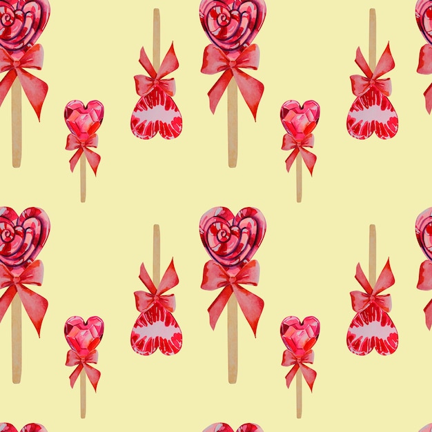 A pattern of lollipops in the form of hearts on a yellow background Red lollipops with bows Watercolor illustration valentine's day