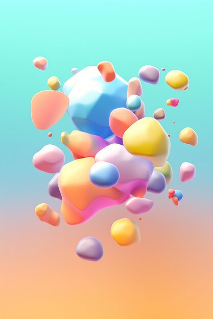 Pattern made of random 3d shapes blob spheres etc on pastel colored background with gradient