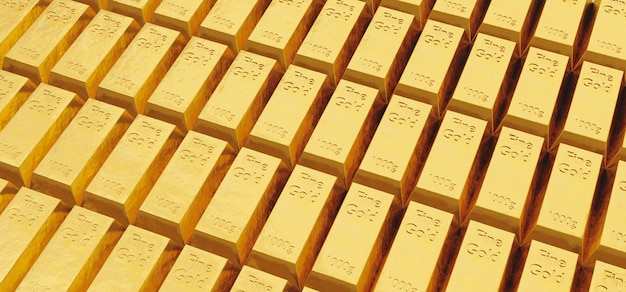 Pattern of many fine gold bullion bars with intense light