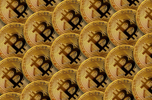Photo pattern of many golden bitcoins. cryptocurrency mining concept