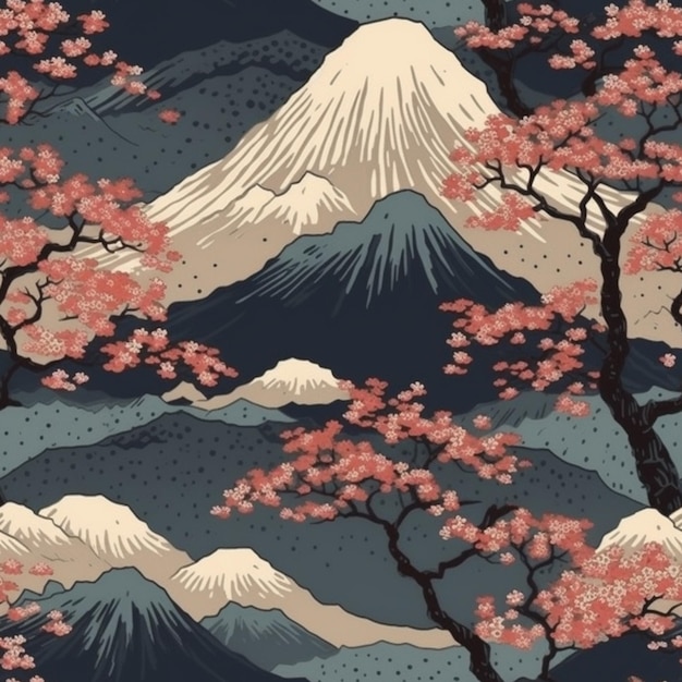 A pattern of mountains and trees with pink flowers generative ai