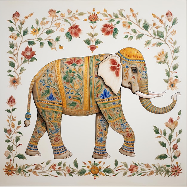 Photo pattern mughal peacock elephant painting on white background with ai generative technology