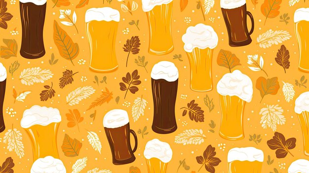 a pattern of mugs of beer with leaves and clouds.