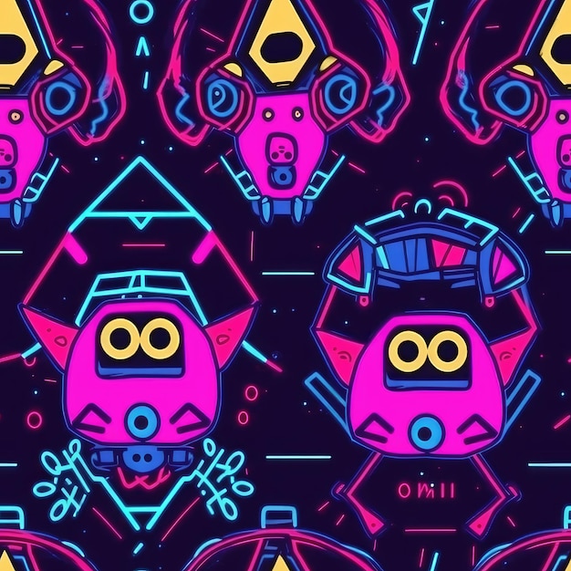 A pattern of neon animals with a blue and pink background