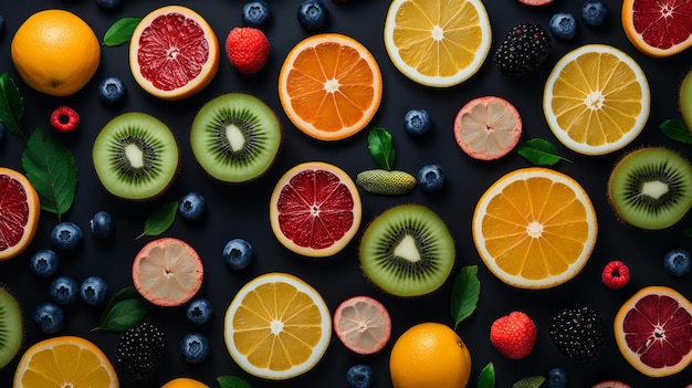 Фото Узор из фруктов и ягод на темно-сером фоне. плоский дизайн. свежие фрукты.