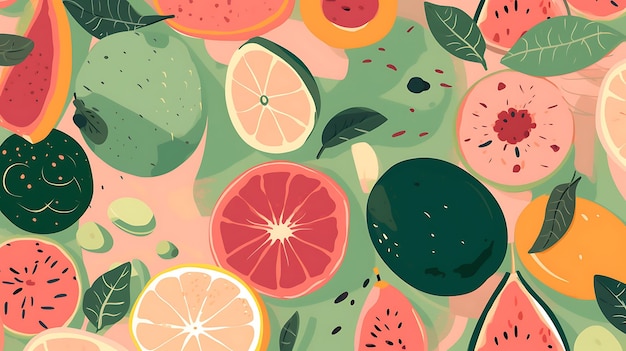 パターン_of_Plant_2D_Flat_General_Illustration_Pattern_Fruit_Green_and_Pink_Fr_minimalist_decoration_