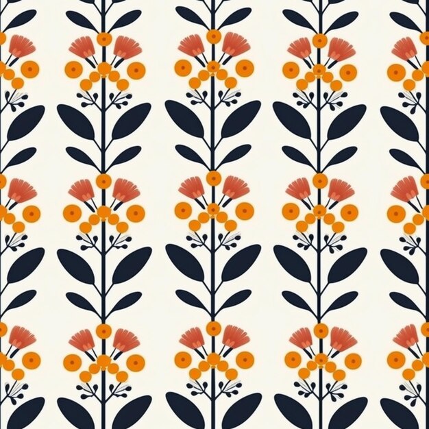 Photo a pattern of orange and black flowers on a white background generative ai