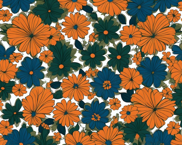 白い背景のシームレスなパターン設計にオレンジ色の緑と青の花のパターン