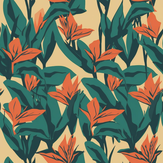 A pattern of orange and green lilies on a yellow background.