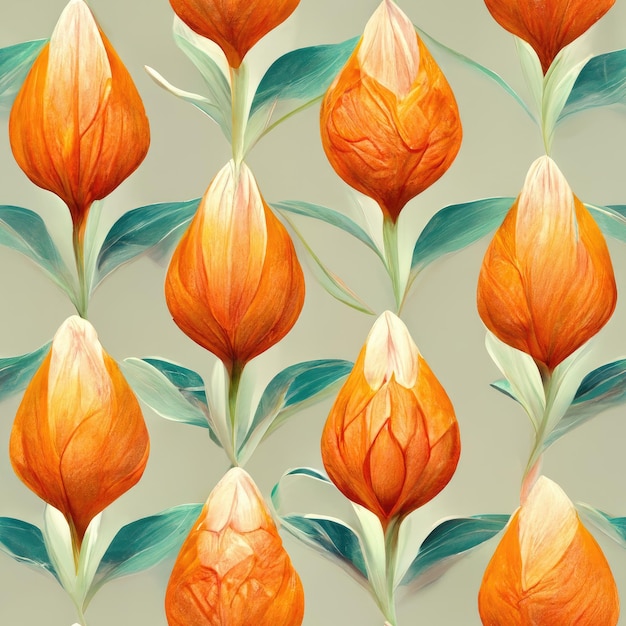 A pattern of orange tulips with green leaves on a beige background.