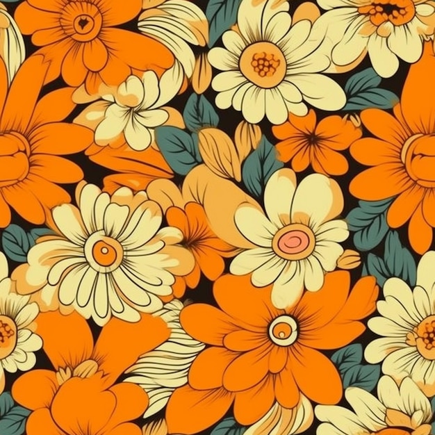 A pattern of orange and yellow flowers with the word orange on the bottom.