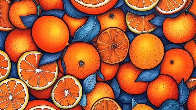 A pattern of oranges and leaves with the word orange on it.