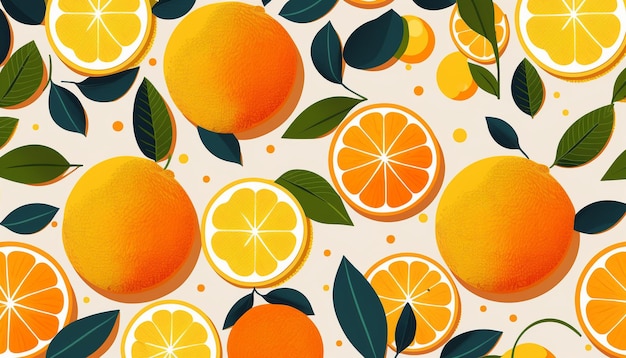 A pattern of oranges with green leaves and oranges on a white background.