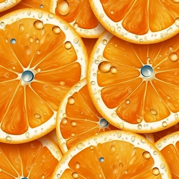 A pattern of oranges with water drops on them