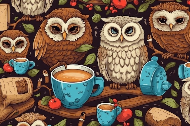 A pattern of owls and tea cups with tea leaves on a branch.