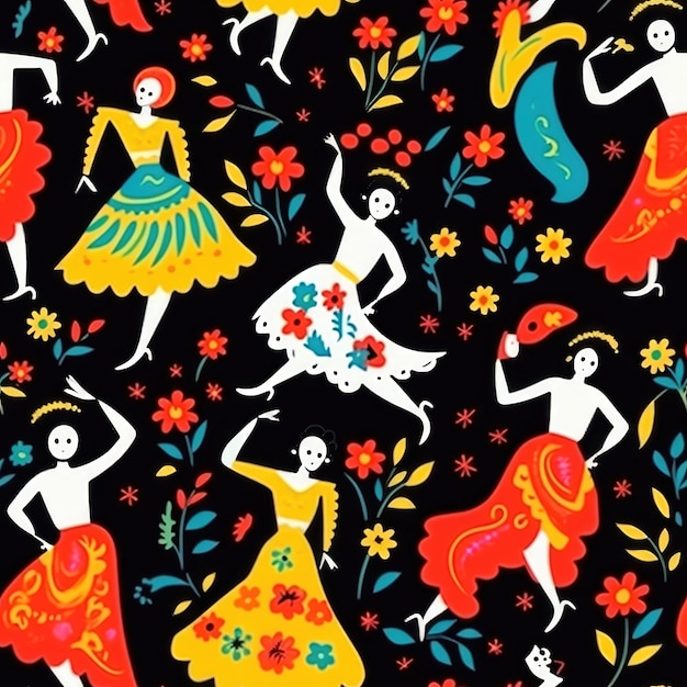 Pattern painting with colorful flowers and dancing girls