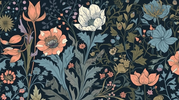 Pattern painting with colorful flowers and dark background