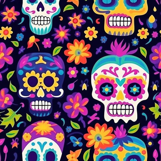 pattern painting with colorful flowers and skulls in the background