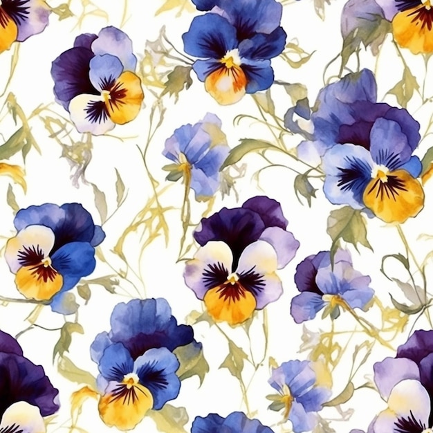 A pattern of pansies on a white background.