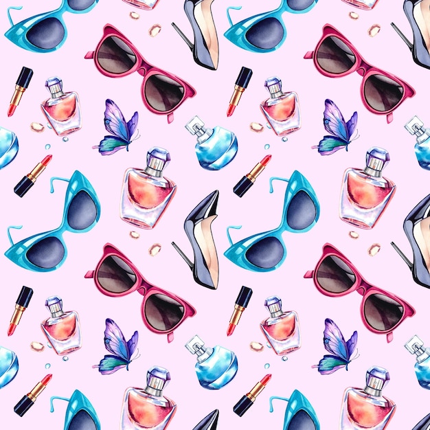 A pattern of perfume shoes butterflies lipstick sunglasses bows Watercolor illustration Fashion and beauty Women's attributes and accessories