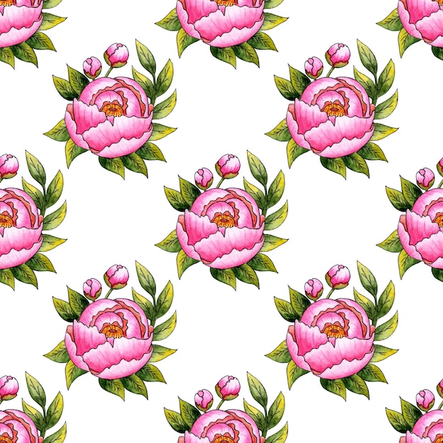 Pattern pink peonies watercolor