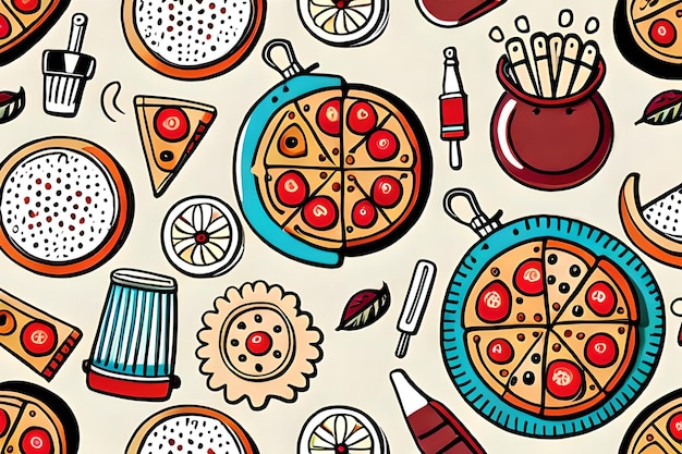 Photo a pattern of pizzas and drinks with a bottle of wine.