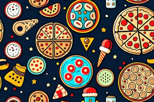 A pattern of pizzas and pizzas with different toppings.