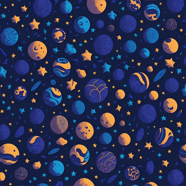 A pattern of planets with stars and the sun on the dark background.