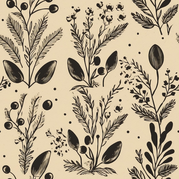 A pattern of plants and berries on a beige background.