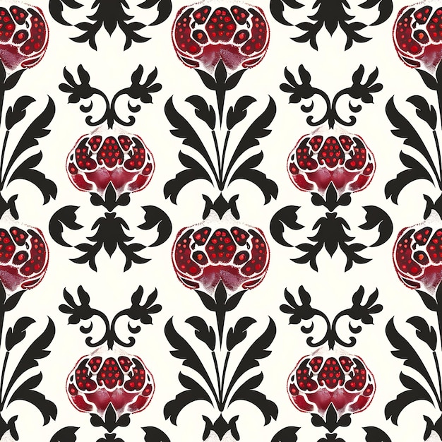 Pattern Pomegranate With Seed Silhouette and Ornate Design With Dama Tile Seamless Art Tattoo Ink