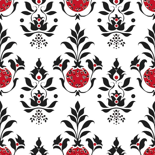 Pattern Pomegranate With Seed Silhouette and Ornate Design With Dama Tile Seamless Art Tattoo Ink