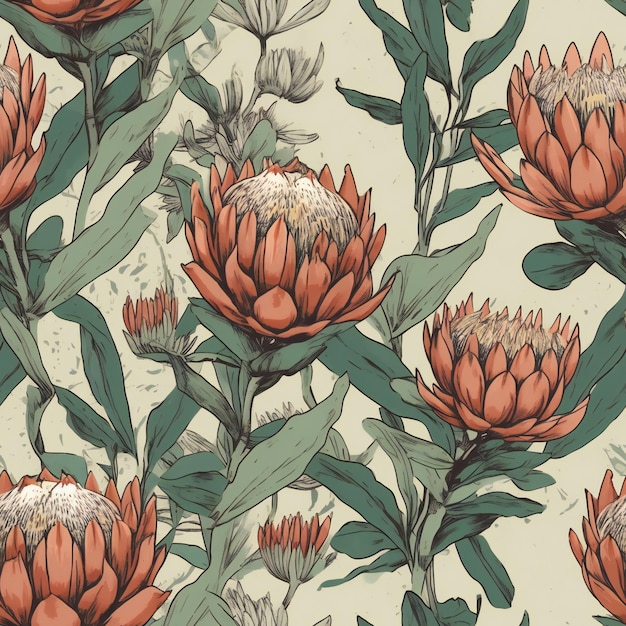 A pattern of proteas with leaves and flowers.