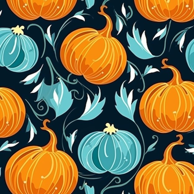 A pattern of pumpkins and leaves on a black background generative ai