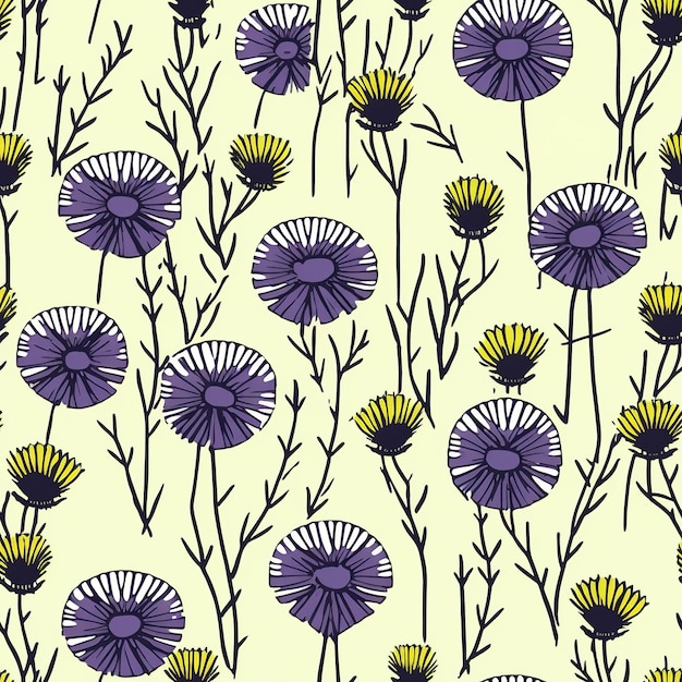 A pattern of purple flowers with yellow flowers on a light yellow background.