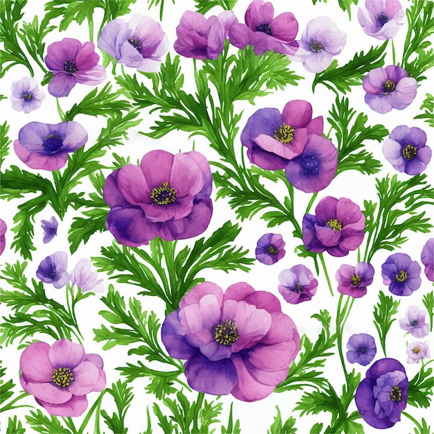 A pattern of purple and purple flowers with green leaves and the word pansies on it