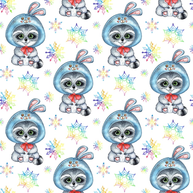 Pattern of a raccoon in a rabbit hat with watercolor snowflakes