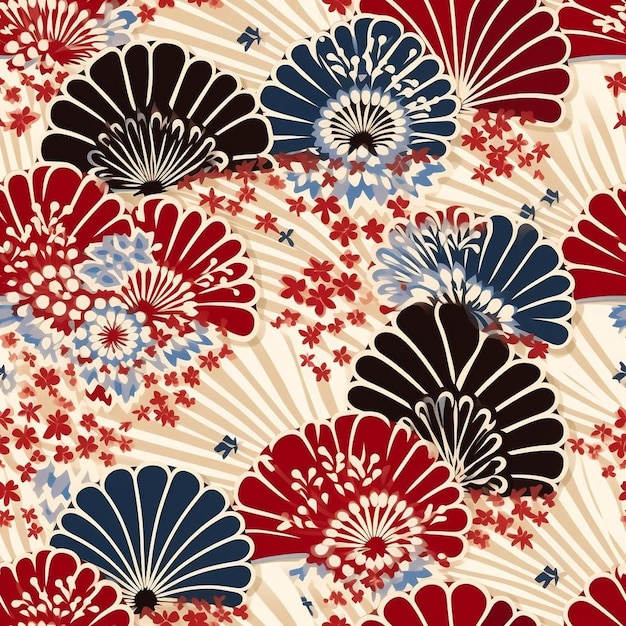 A pattern of red, blue, and white flowers.